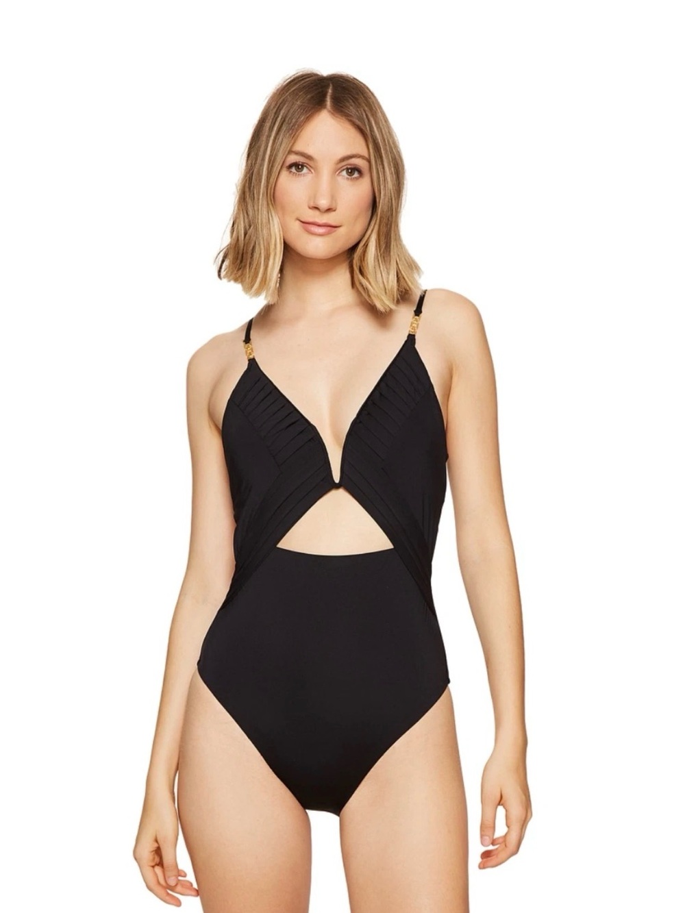 Nanette Lepore Origami Pleats Goddess Black Plunge Cutout One-Piece Swimsuit NWT